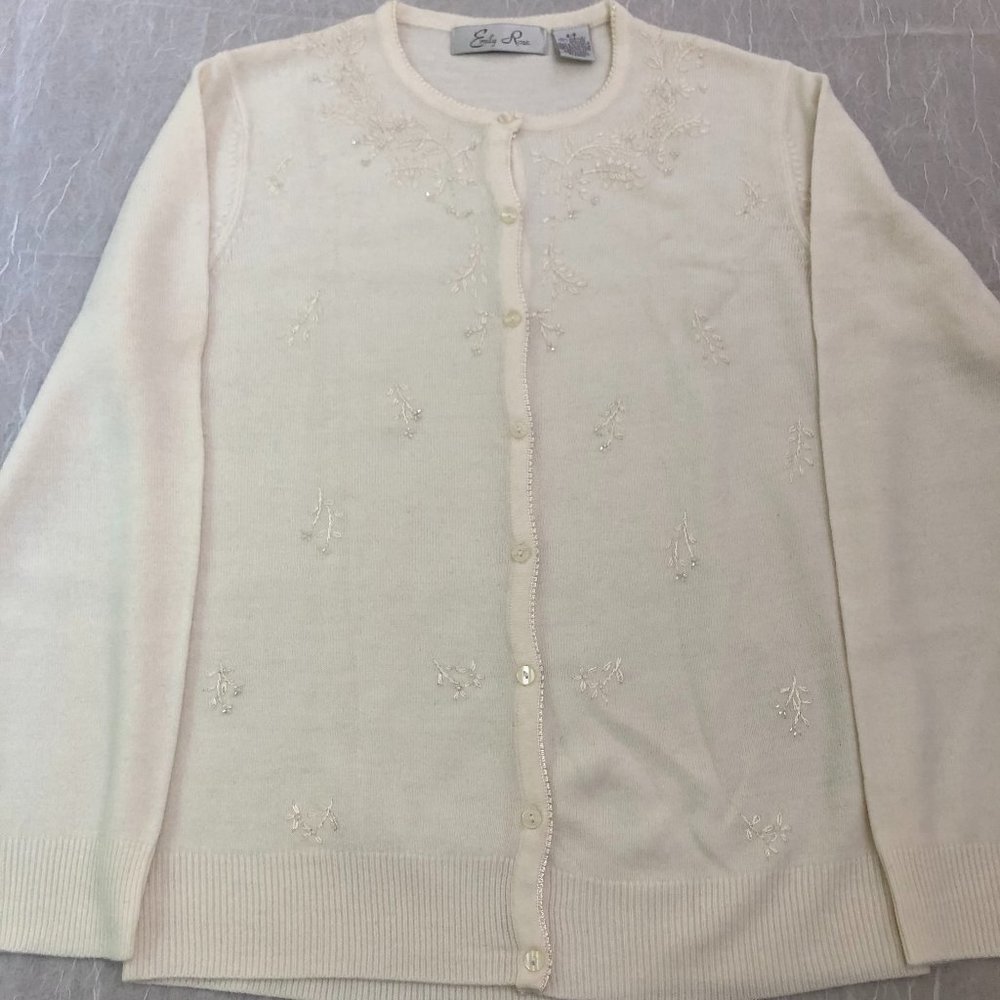 Emily Rose Beaded Embroidered Cardigan in Off-White Size S/P